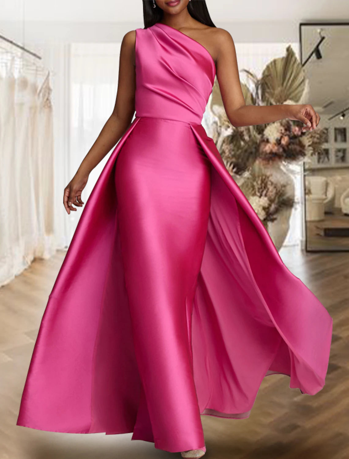 Side view of a floor-length sheath satin dress.