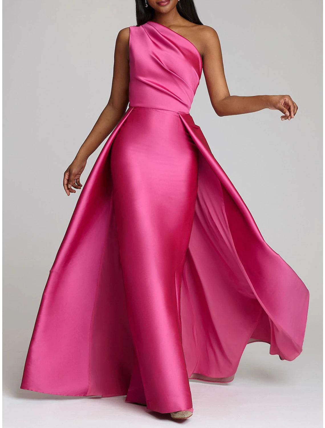 Model wearing the luxurious sheath evening gown.