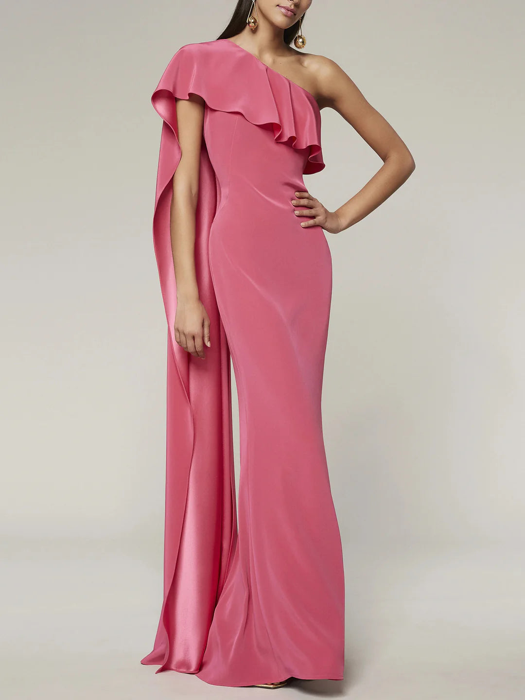 Elegant one-shoulder sleeveless sheath evening dress in a floor-length silhouette, front view.