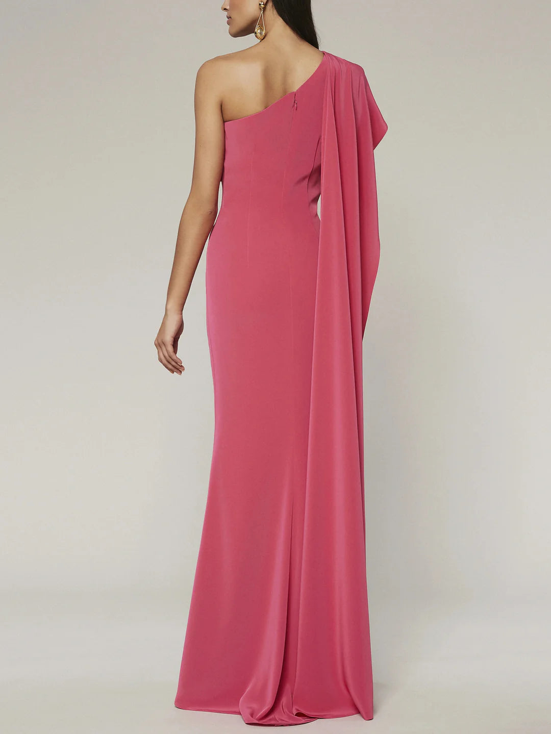 Rear view of the elegant one-shoulder sleeveless sheath evening dress, showcasing its floor-length design.