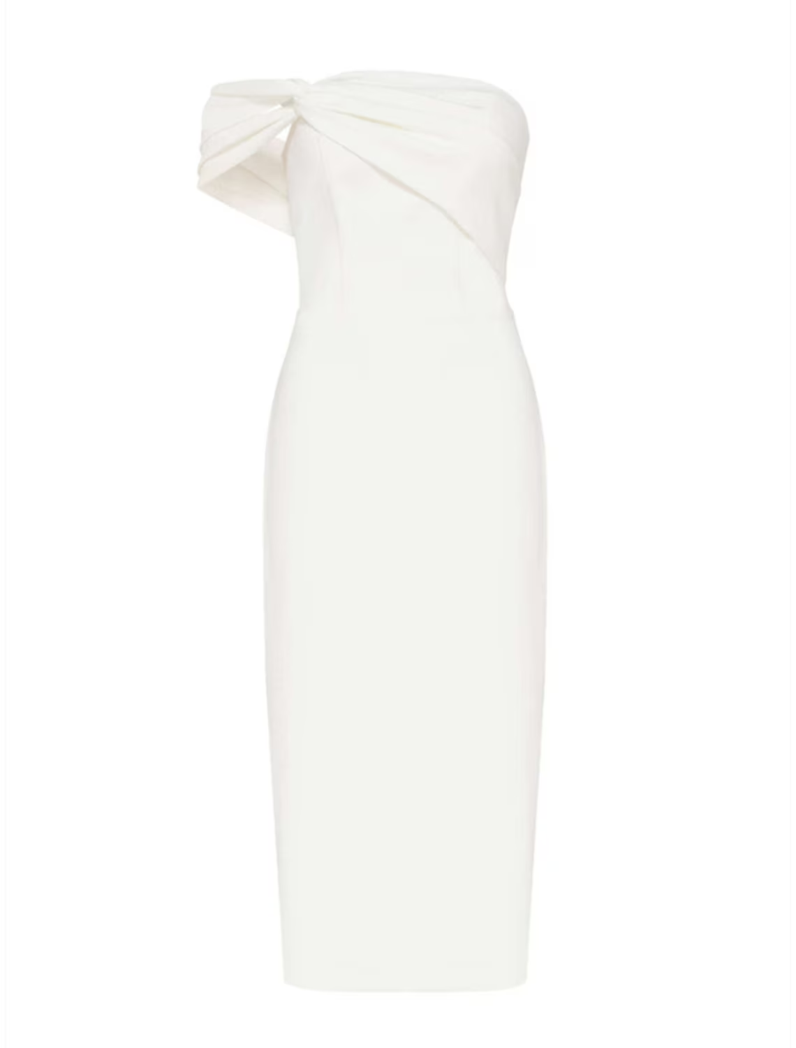 Elegant one-shoulder sheath dress with a slit, front view.