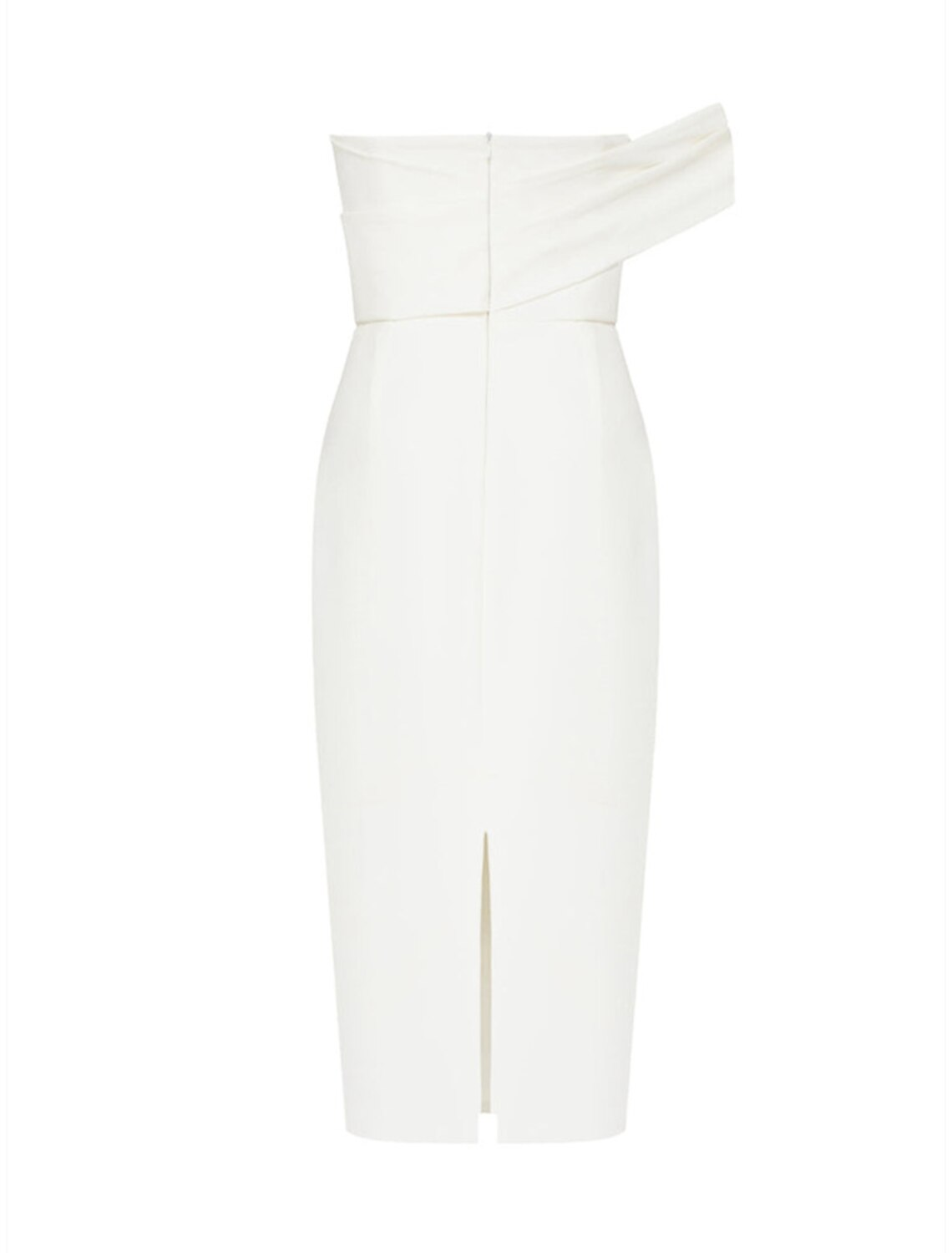 Side view of the one-shoulder dress, highlighting the slit.