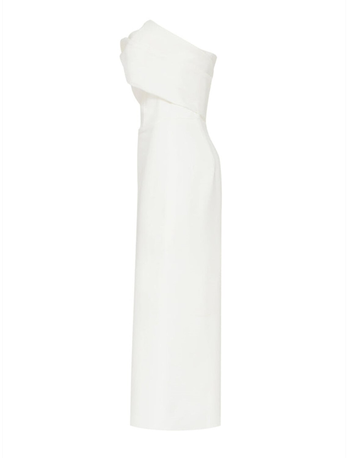 Close-up of the one-shoulder neckline and stretch fabric.