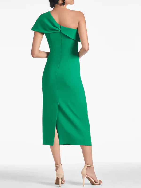 Back view of the one-shoulder tea length formal dress.