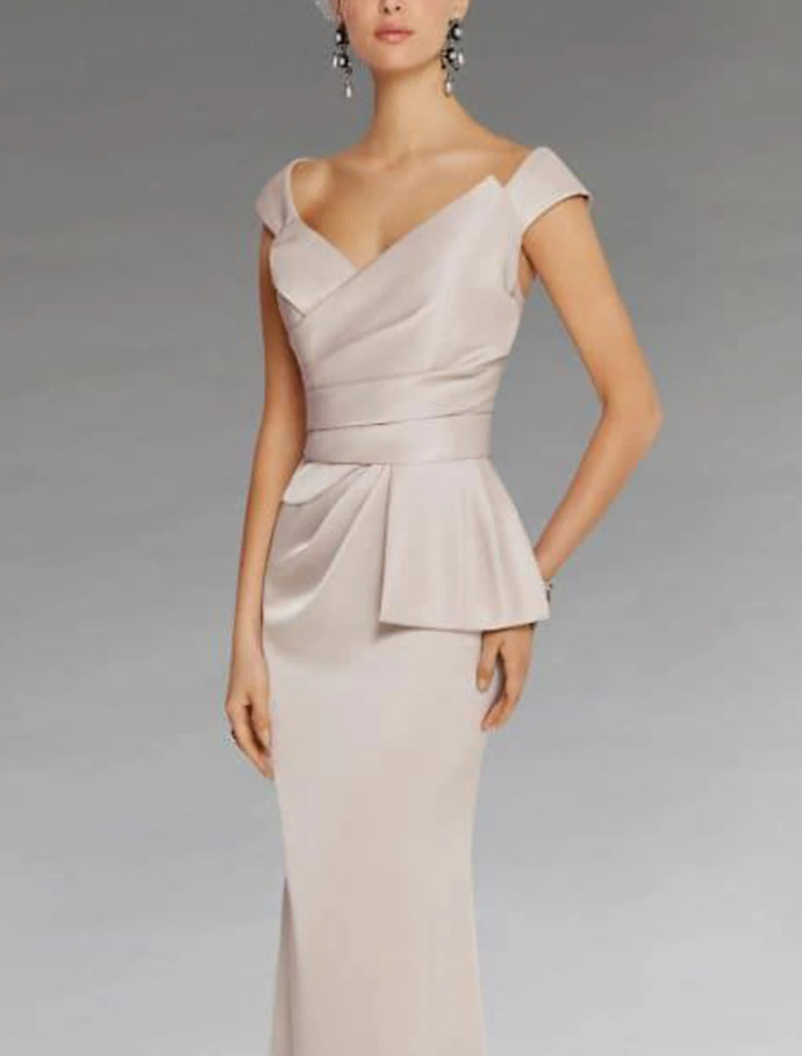 Back view of a sleeveless satin evening dress with a sleek column silhouette.