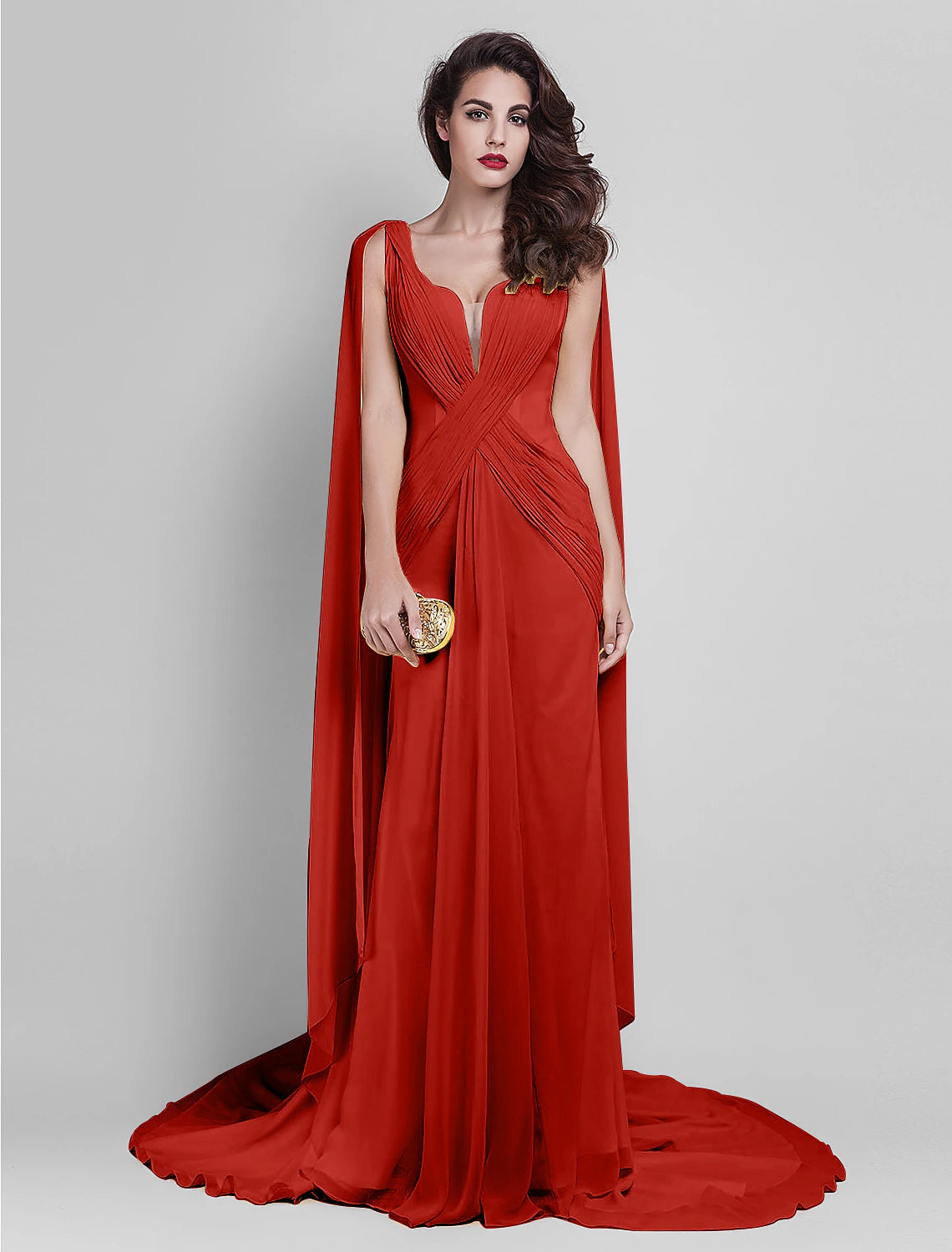 Full length view of the sleeveless formal gown.
