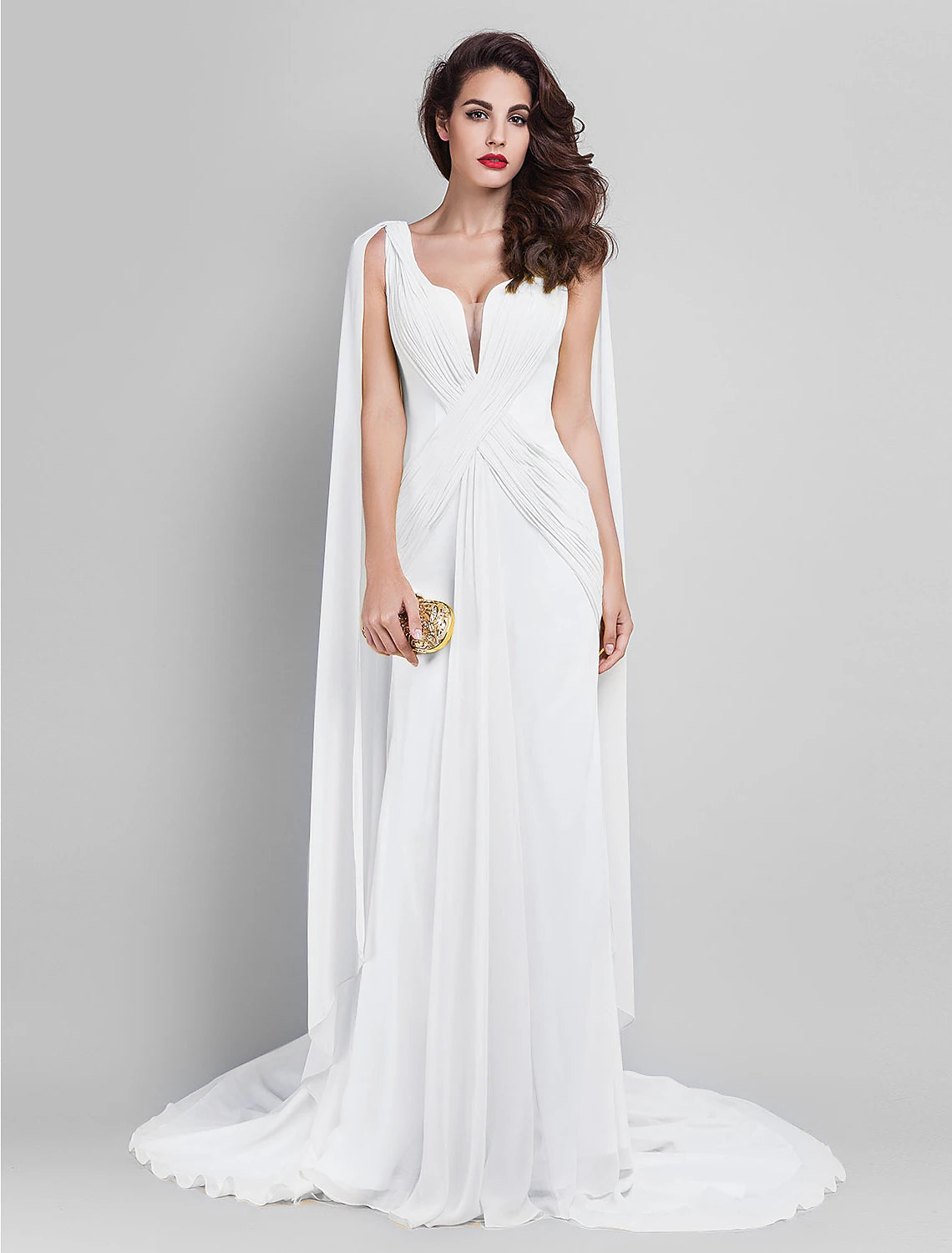 Close-up of the plunging neckline and georgette fabric.