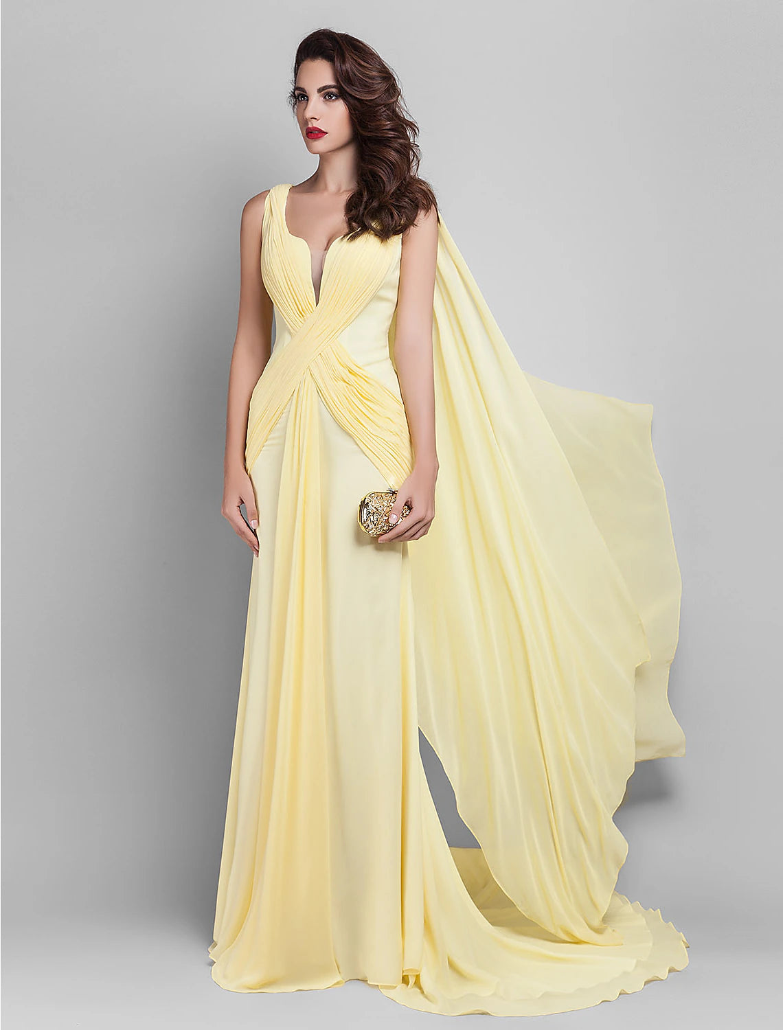 Detail of the criss-cross side draping on the formal dress.