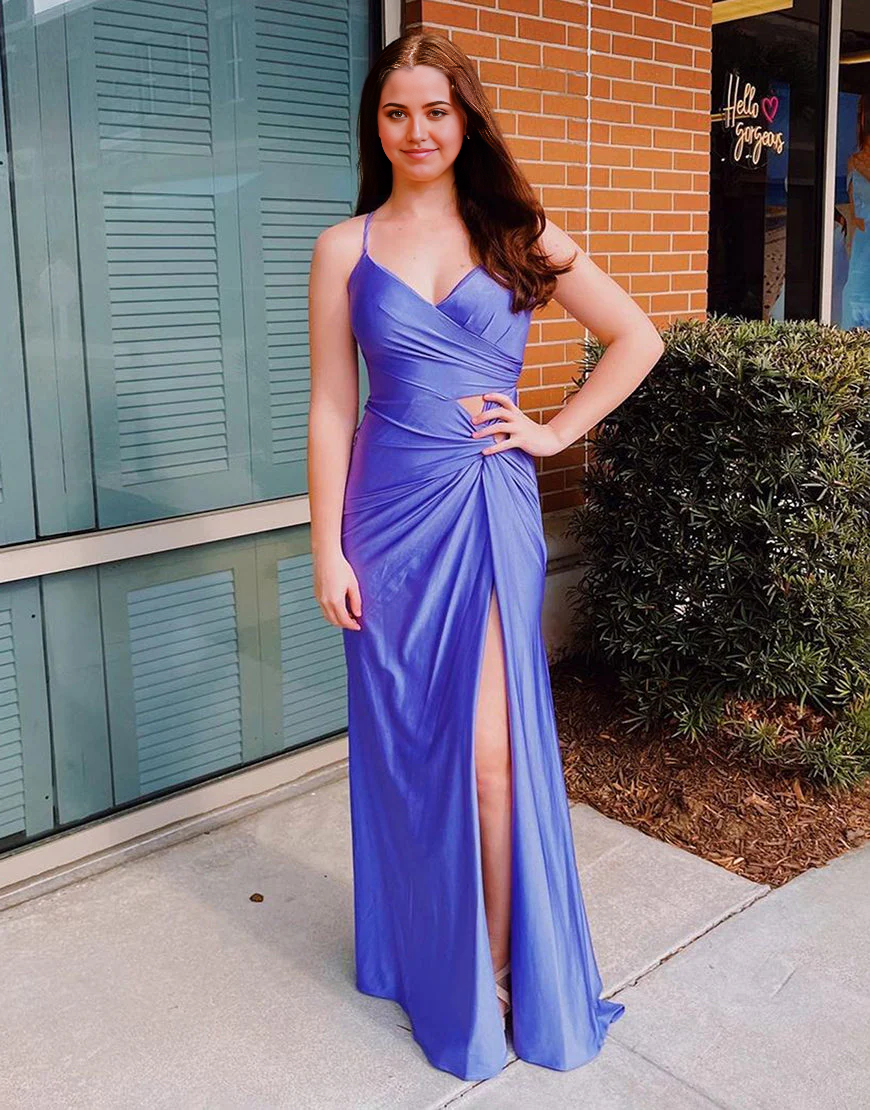Elegant purple sheath prom dress with spaghetti straps and a high side split.