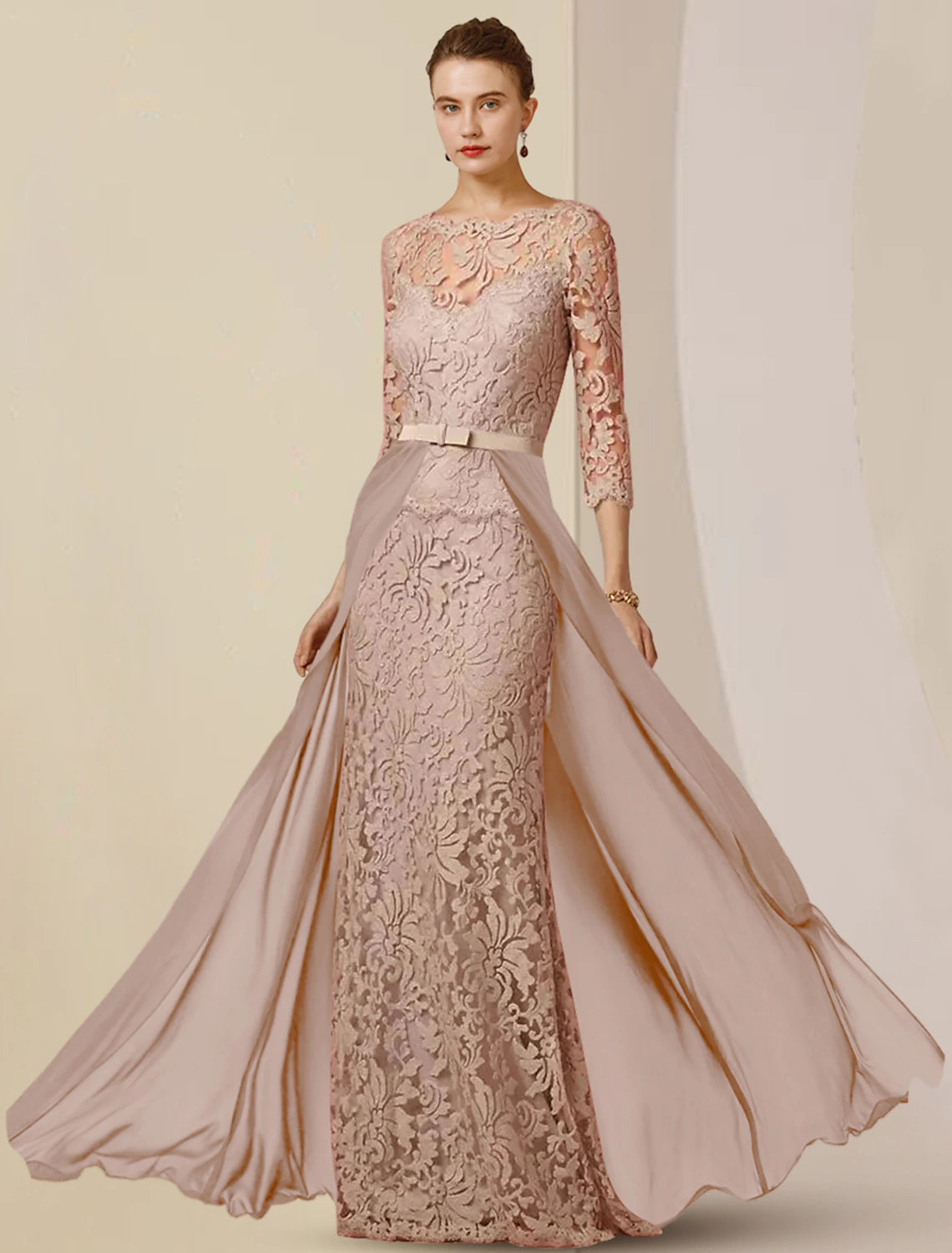 Elegant sheath Mother of the Bride dress with scoop neck and 3/4 sleeves.