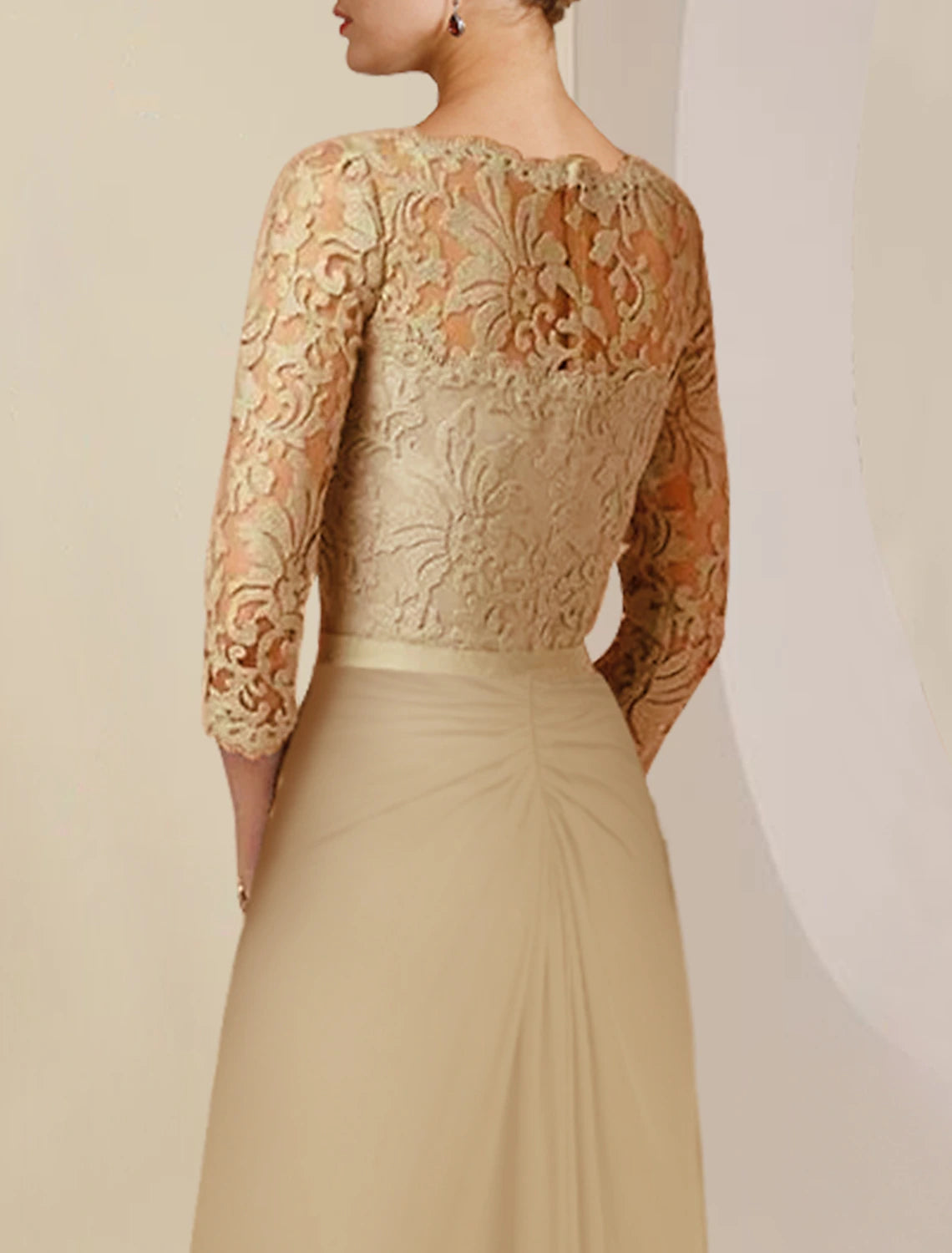 Close-up of the scoop neckline and 3/4 sleeves on a formal gown.