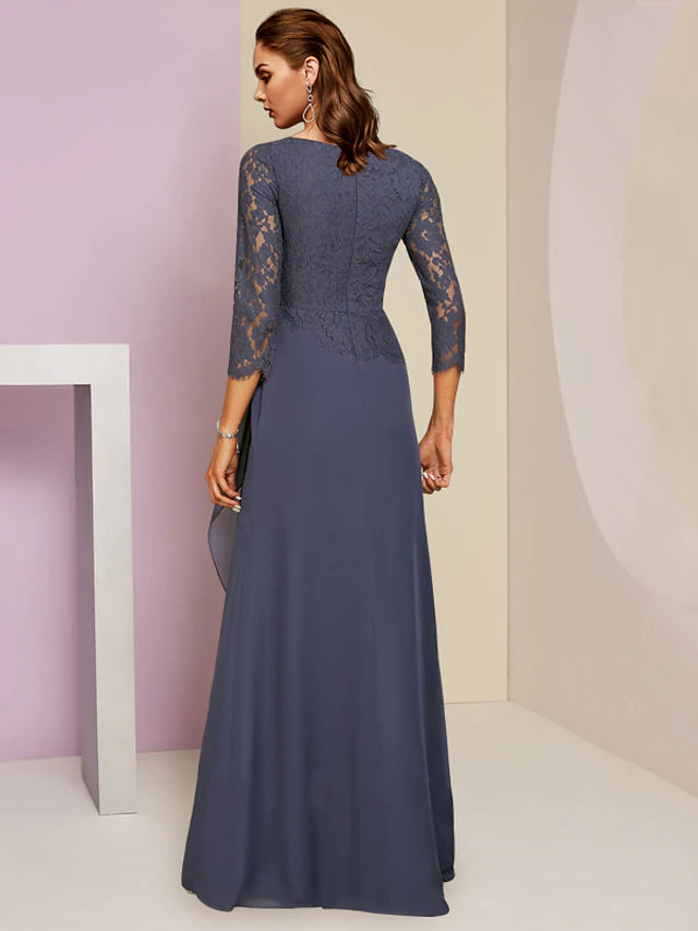 Back view of the elegant Sheath dress, showcasing the flowing chiffon skirt and sleeve design.
