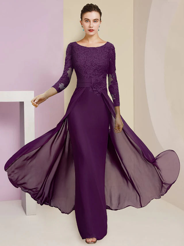 Elegant floor-length sheath mother of the bride dress with scoop neck and 3/4 sleeves.