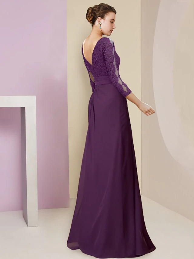 Back view of the elegant floor-length sheath dress.