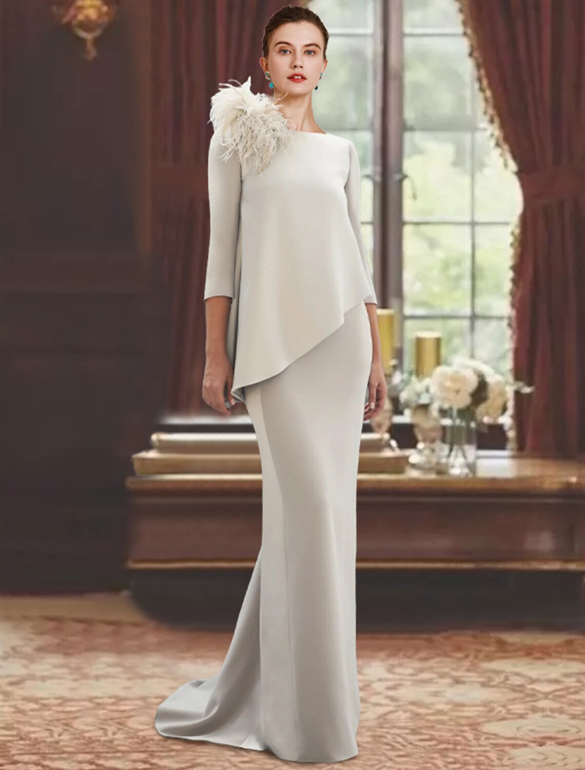 Elegant sheath mother of the bride dress with scoop neck and 3/4 sleeves, featuring feather detail.