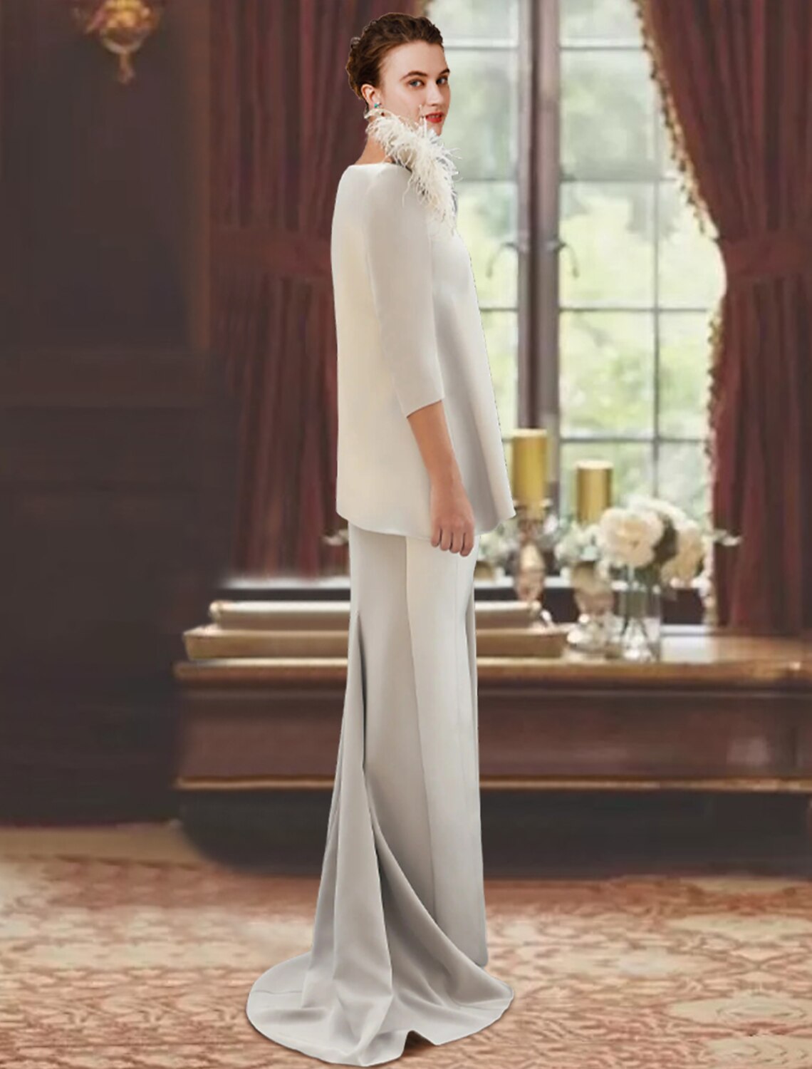 Side view of the elegant mother of the bride gown.