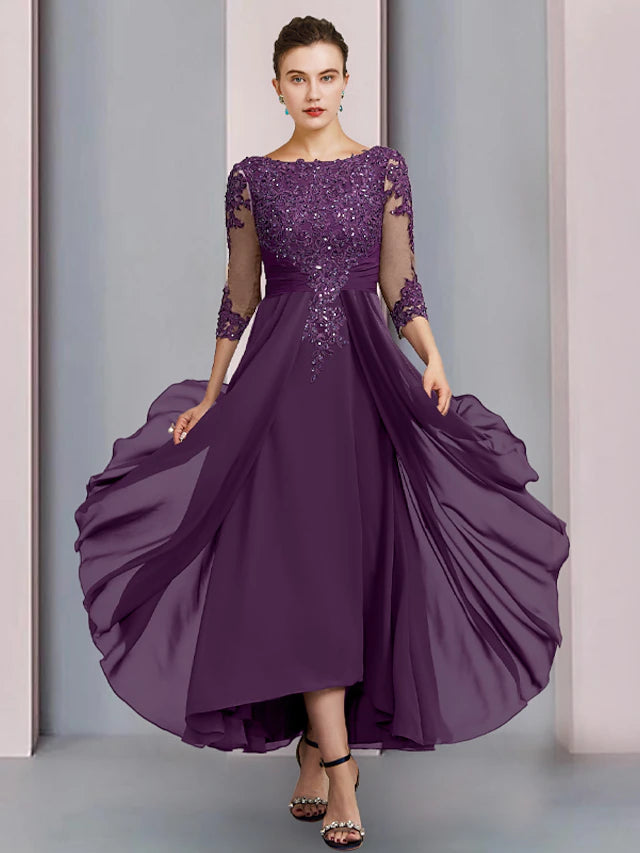 Elegant sheath mother of the bride dress with scoop neck and 3/4 sleeves.