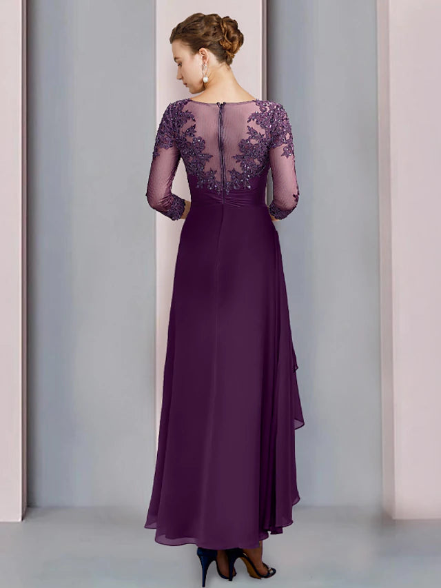 Back view of an ankle-length chiffon and lace dress with sequin details.