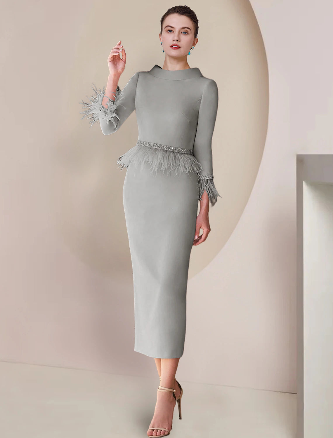 Elegant sheath mother of the bride dress with scoop neck and 3/4 sleeves.