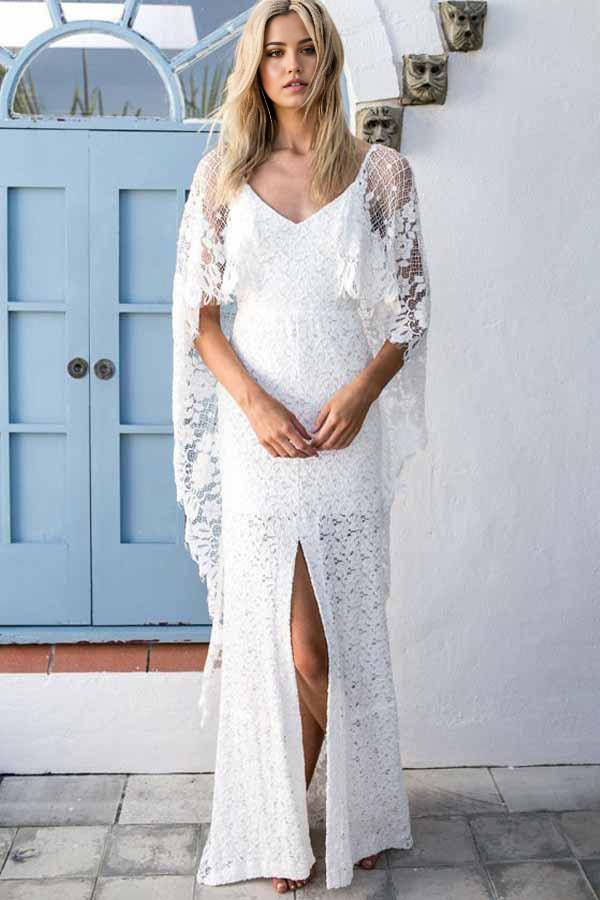 Elegant sheath lace wedding dress with scoop neck and backless design.