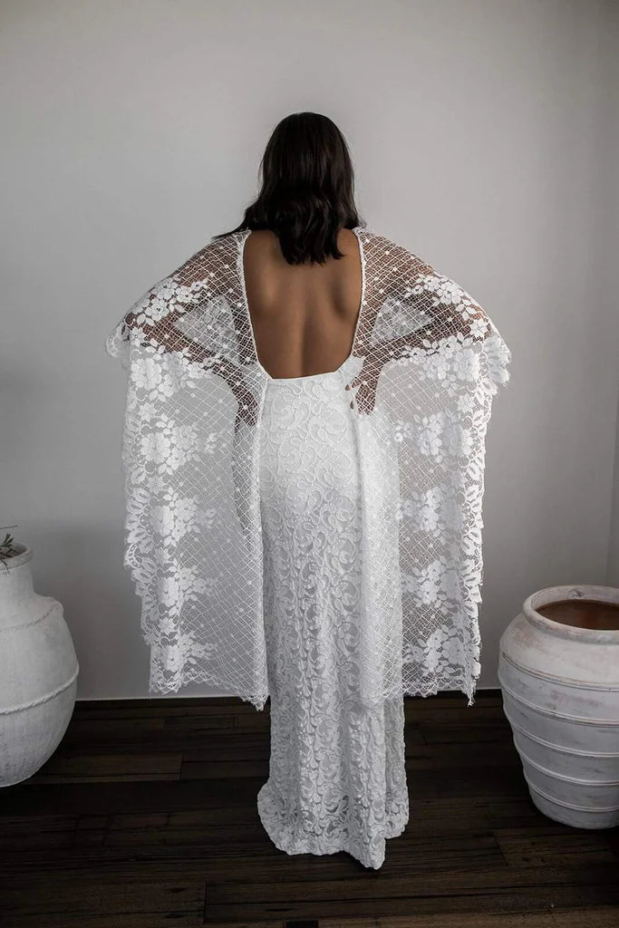 Full length view of the backless wedding dress with elegant split wraps.