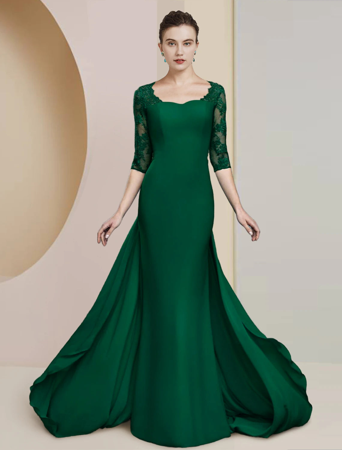 Elegant sheath mother of the bride dress with scoop neck and half sleeves.