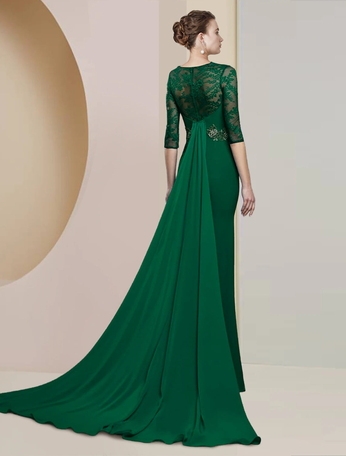 Back view of floor-length chiffon lace dress with appliques.