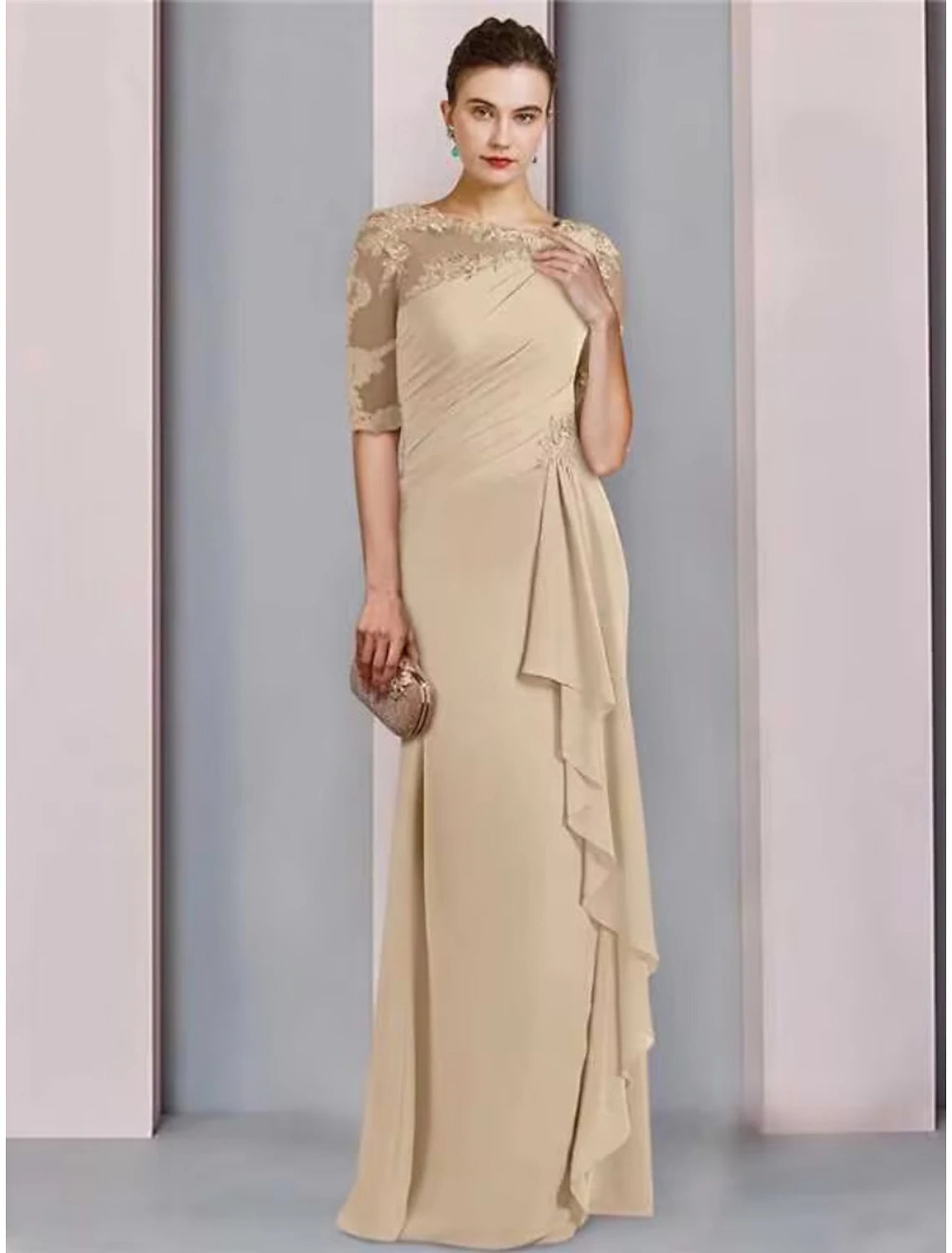 Elegant Sheath Mother of the Bride dress with scoop neck and half sleeves.