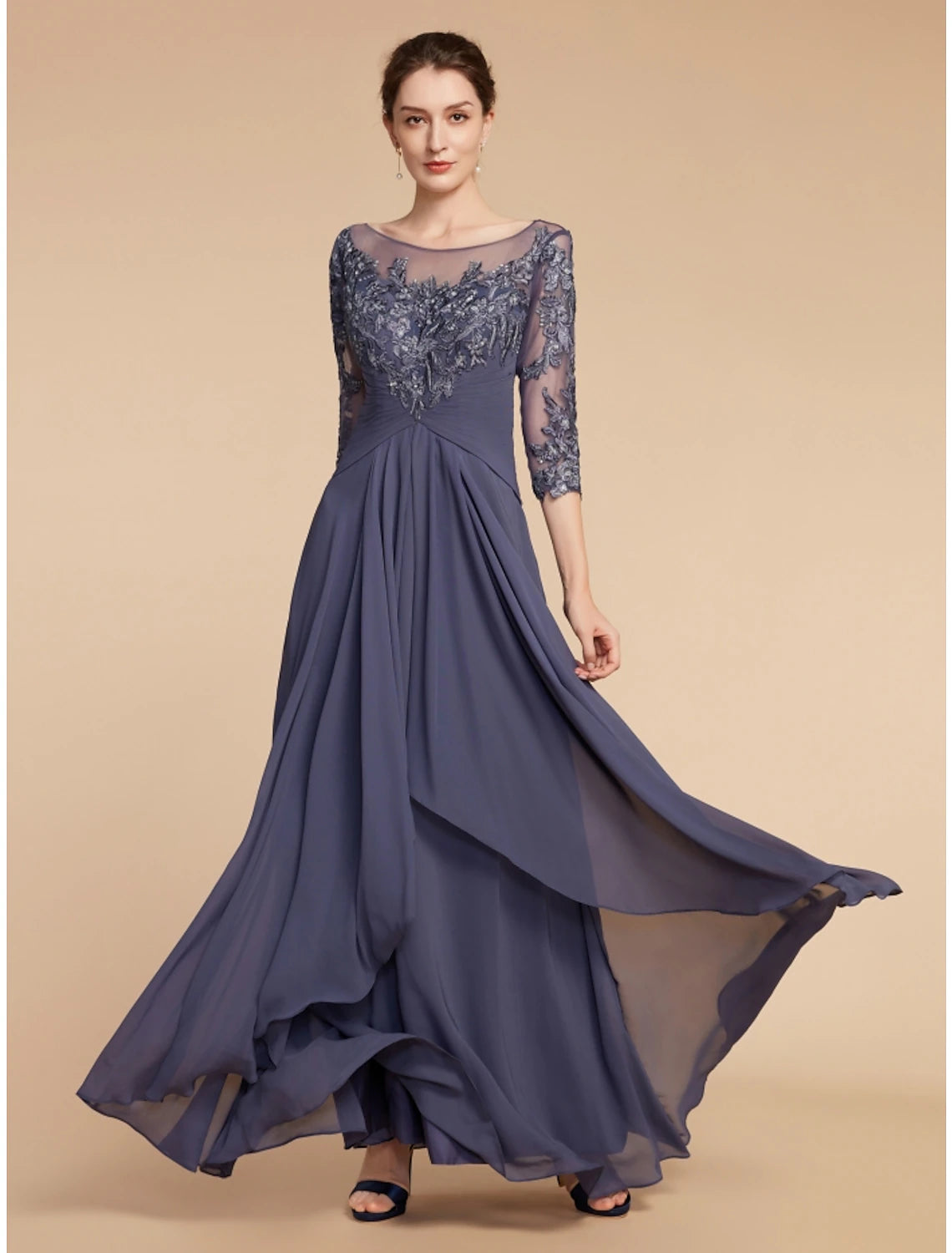Elegant sheath mother of the bride dress with scoop neck and half sleeves.