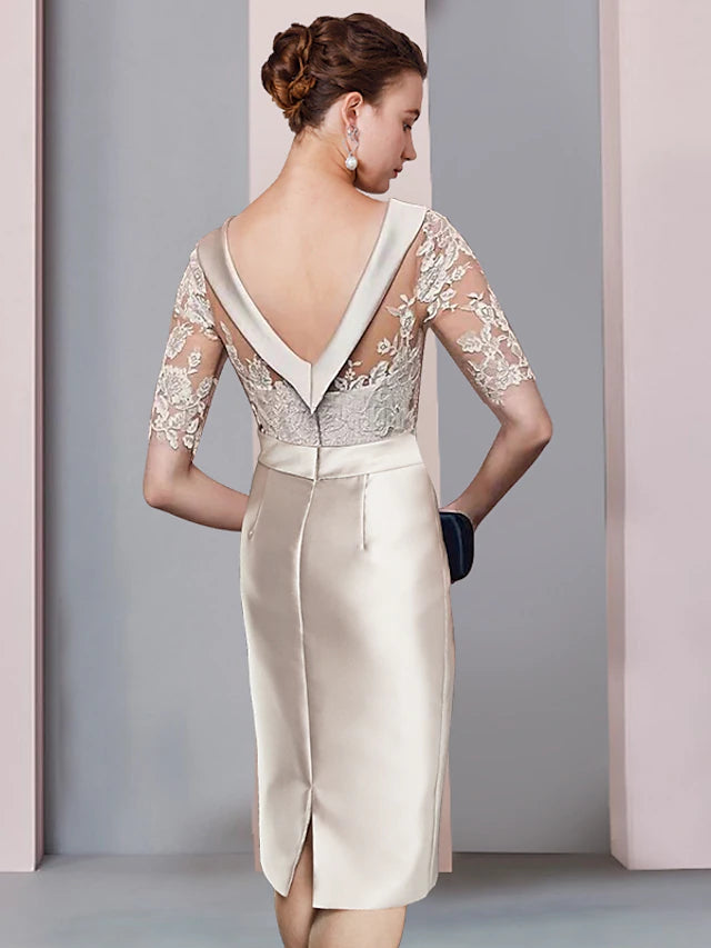 Back view of the elegant sheath dress, showcasing the knee-length silhouette and fabric details.