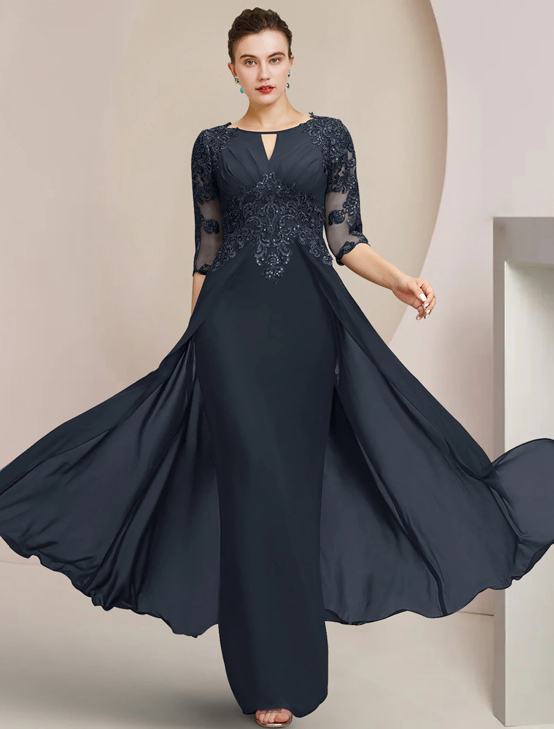 Side view of the formal sheath dress, highlighting lace and sequin appliques.