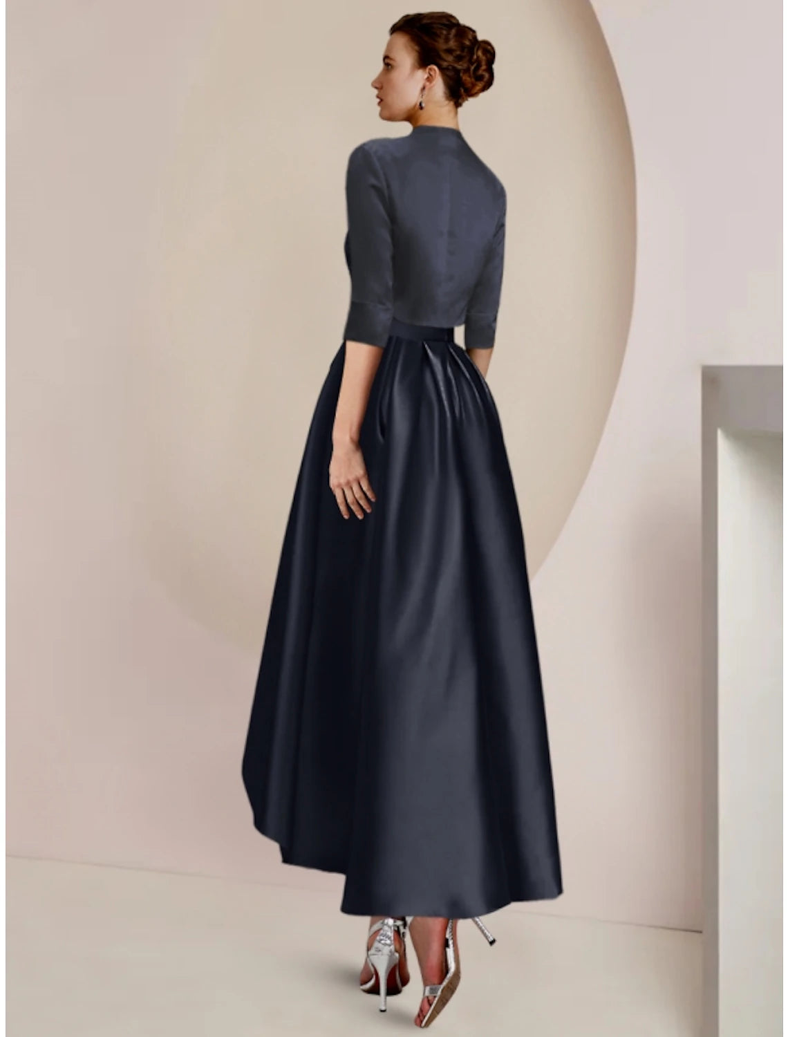 Back view of asymmetrical ankle length mother of the bride dress.