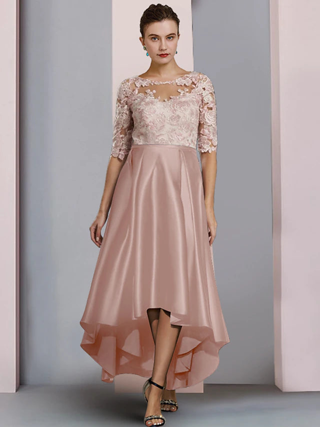 Elegant sheath Mother of the Bride dress with scoop neck, half sleeves, satin, and lace.