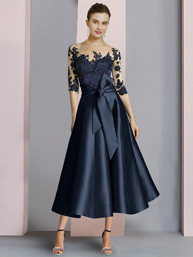 Elegant sheath mother of the bride dress with scoop neck, half sleeves, satin lace, and pleats.