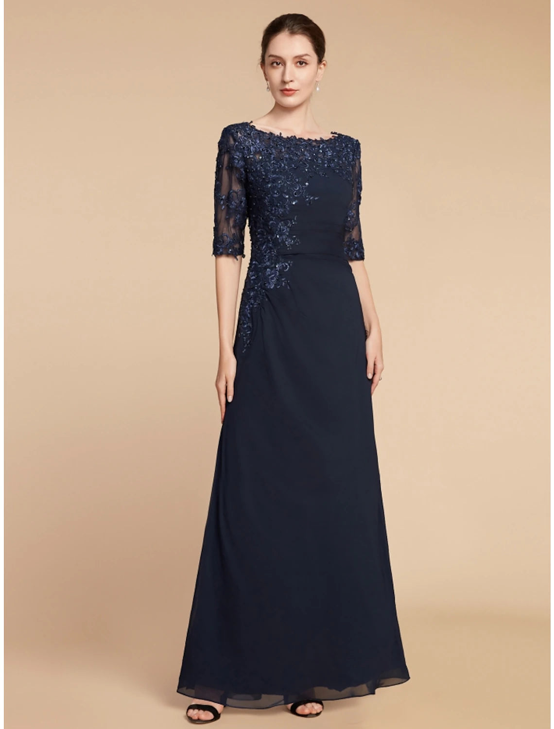 Elegant sheath mother of the bride dress with scoop neck and half sleeves.