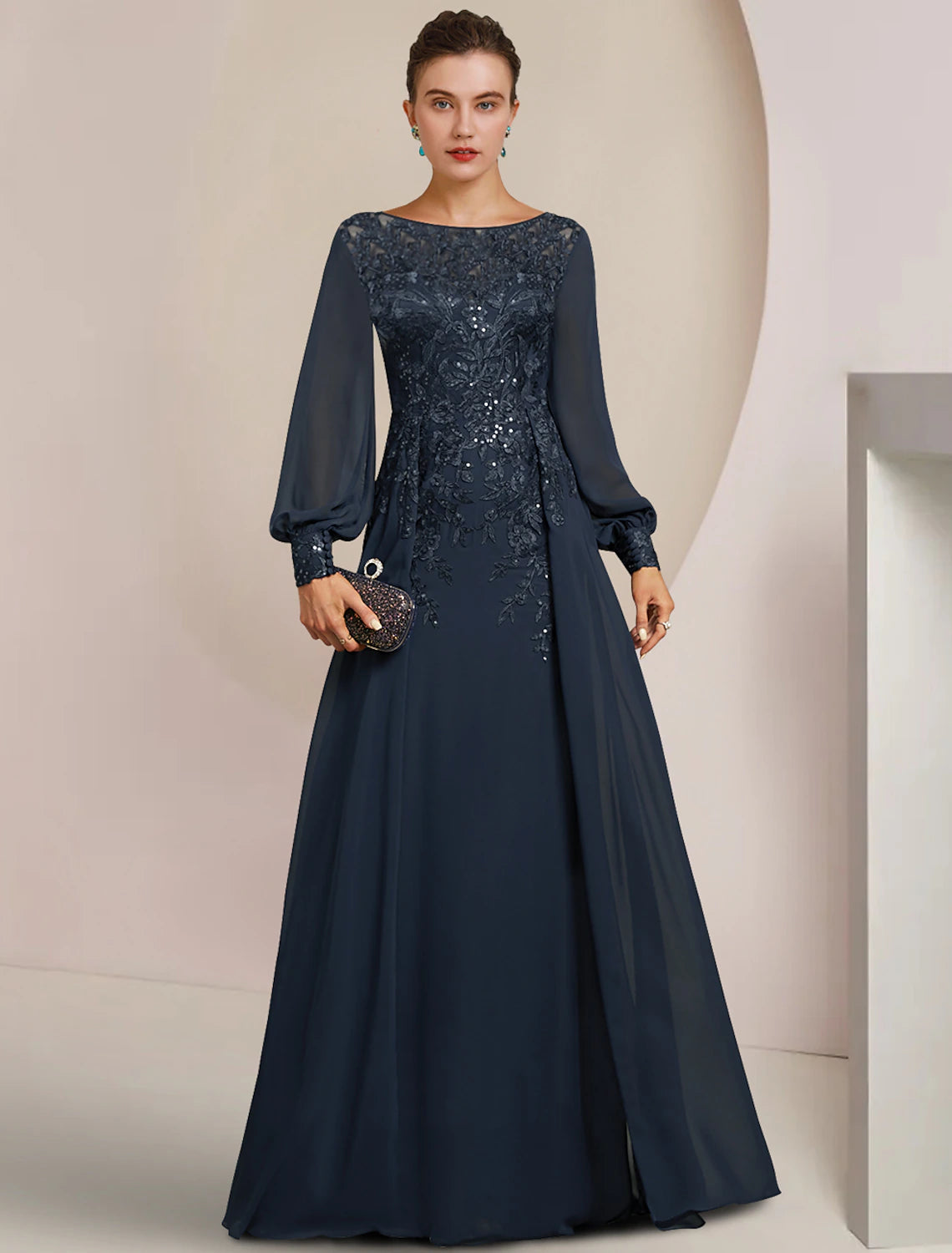 Elegant sheath mother of the bride gown with scoop neck, long sleeves, chiffon lace, and sequin appliques.