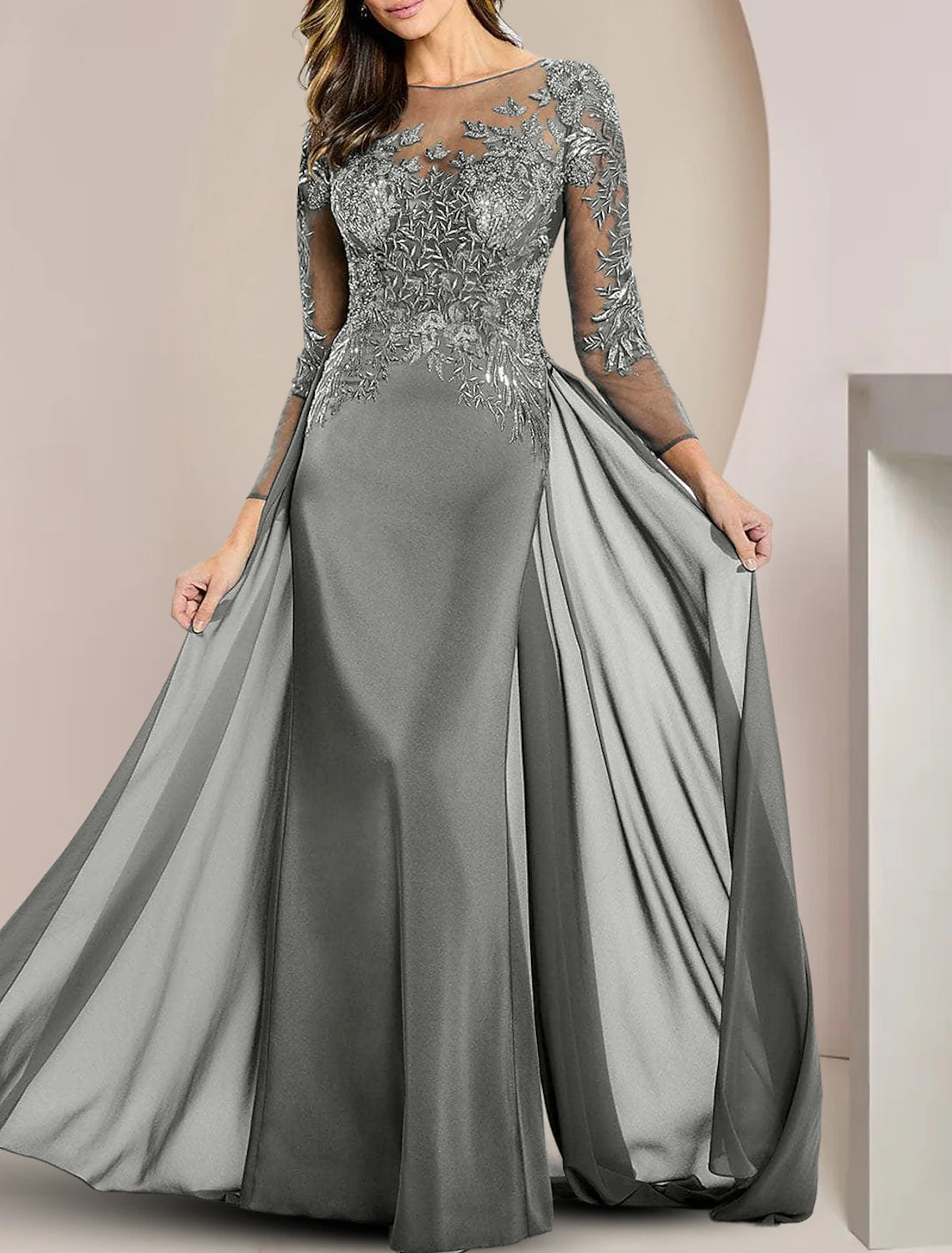 Elegant long sleeve sheath dress with scoop neck, chiffon lace, and beading appliques.
