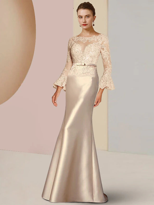 Elegant sheath Mother of the Bride dress with scoop neck and long sleeves.