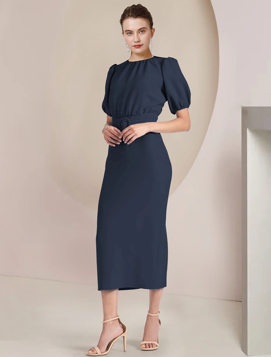 Elegant sheath Mother of the Bride dress with scoop neck and short sleeves.