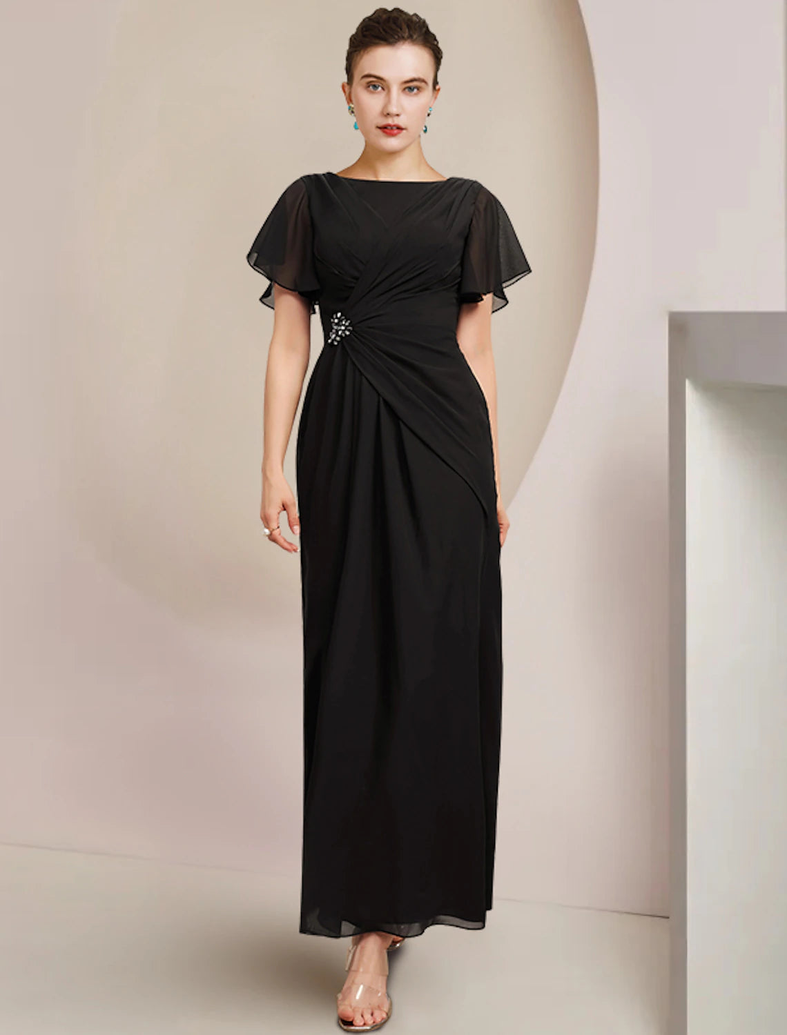 Elegant sheath chiffon dress with scoop neck and short sleeves, front view.