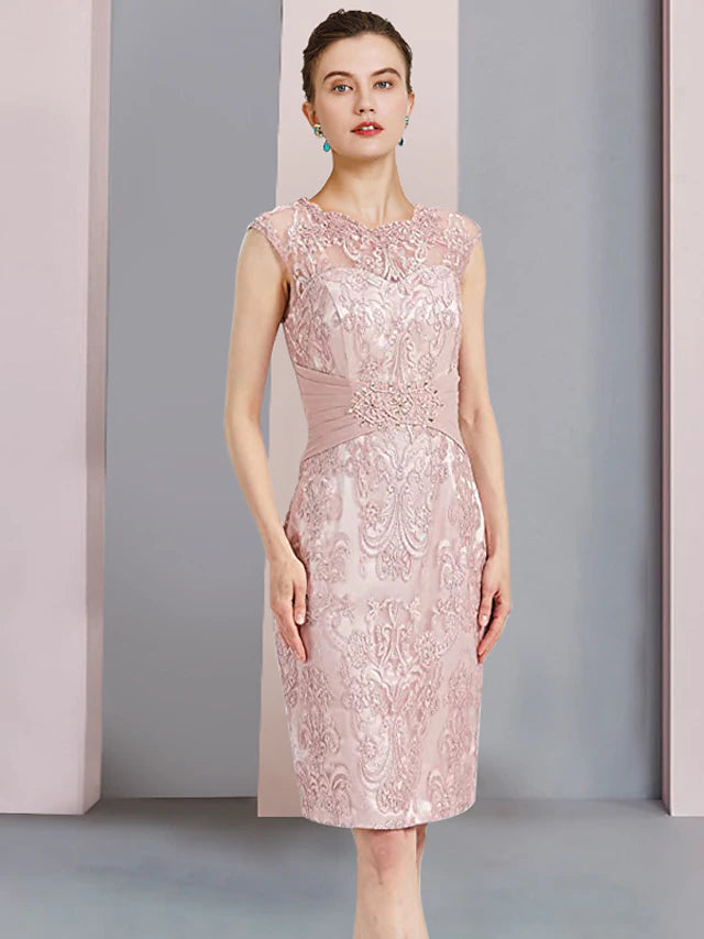 Side profile of the two-piece formal dress, highlighting the jacket and knee-length cut.