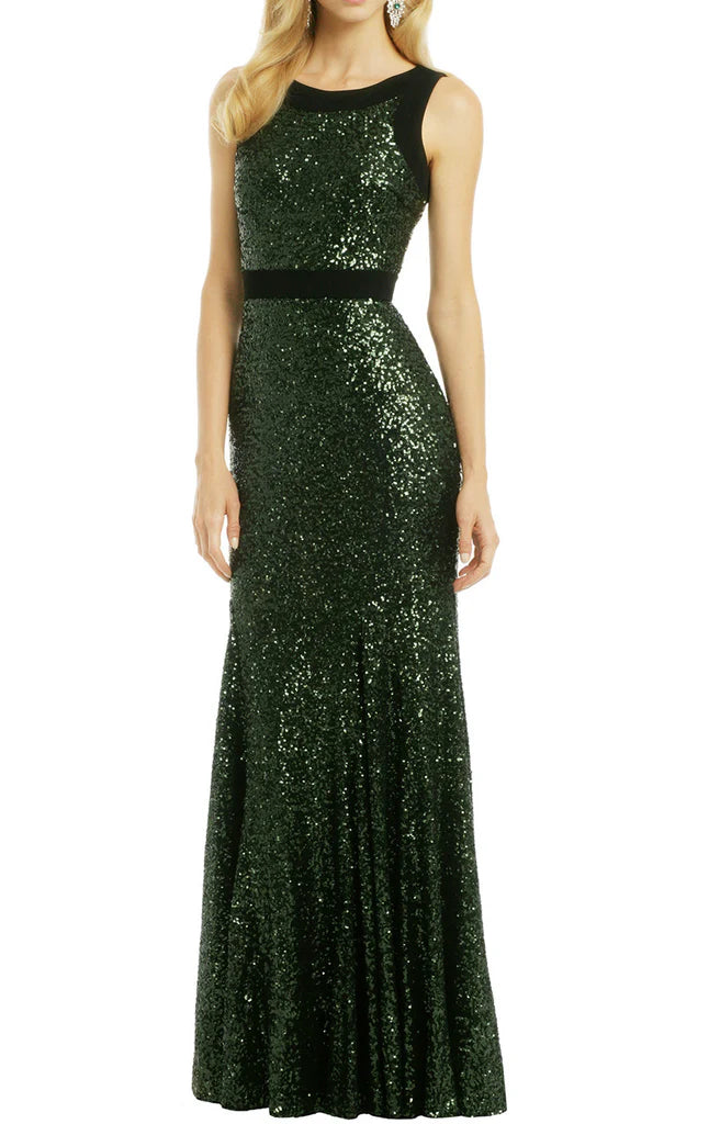 Elegant long sequin formal dress in dark blue, front view.
