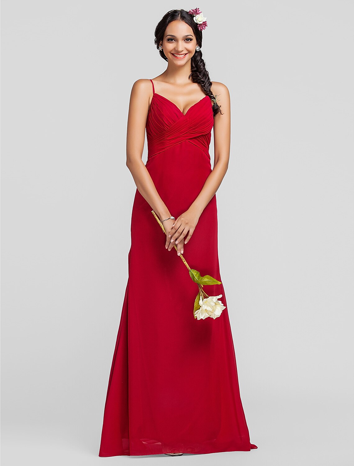 Elegant chiffon sheath bridesmaid dress with spaghetti straps.