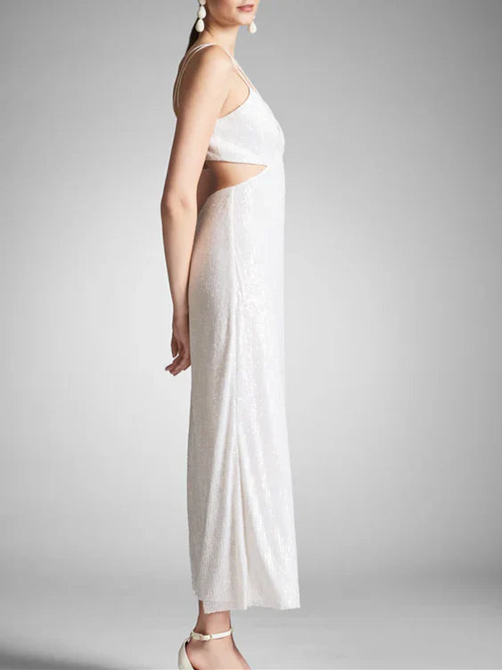 Close-up of the elegant spaghetti strap detail on a formal dress.