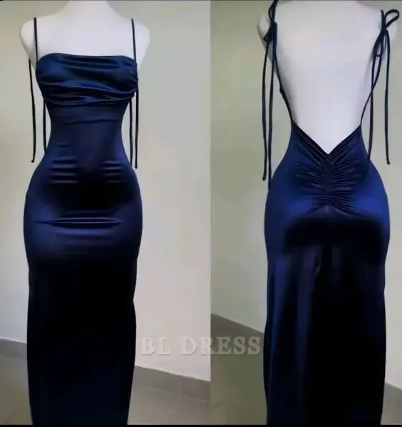 Elegant navy blue satin sheath dress with delicate spaghetti straps.