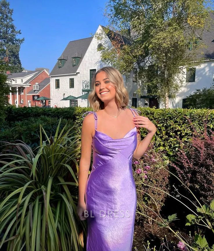 Light purple satin sheath dress with spaghetti straps, suitable for prom or formal events.