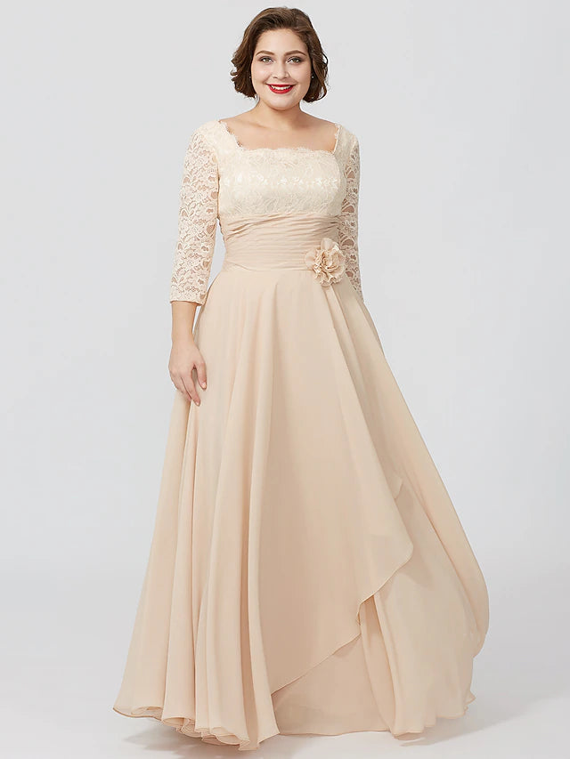 Elegant plus size Mother of the Bride dress with square neck and 3/4 sleeves.