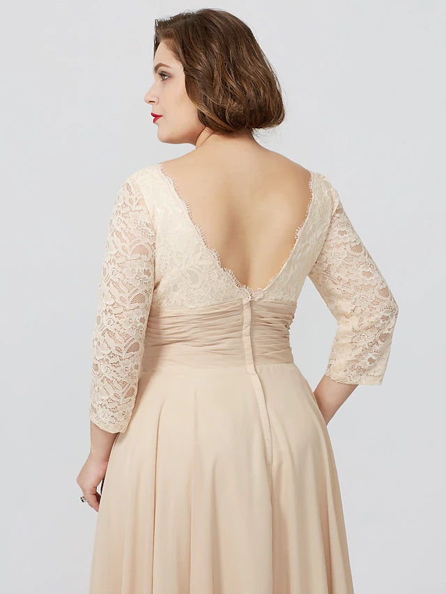 Full length view of the plus size formal dress with a subtle sash.