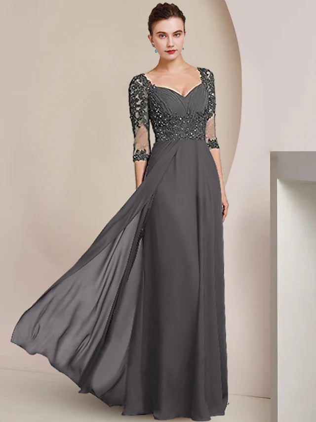 Elegant sheath Mother of the Bride dress with square neck, 3/4 sleeves, sequin appliques, and ruching.