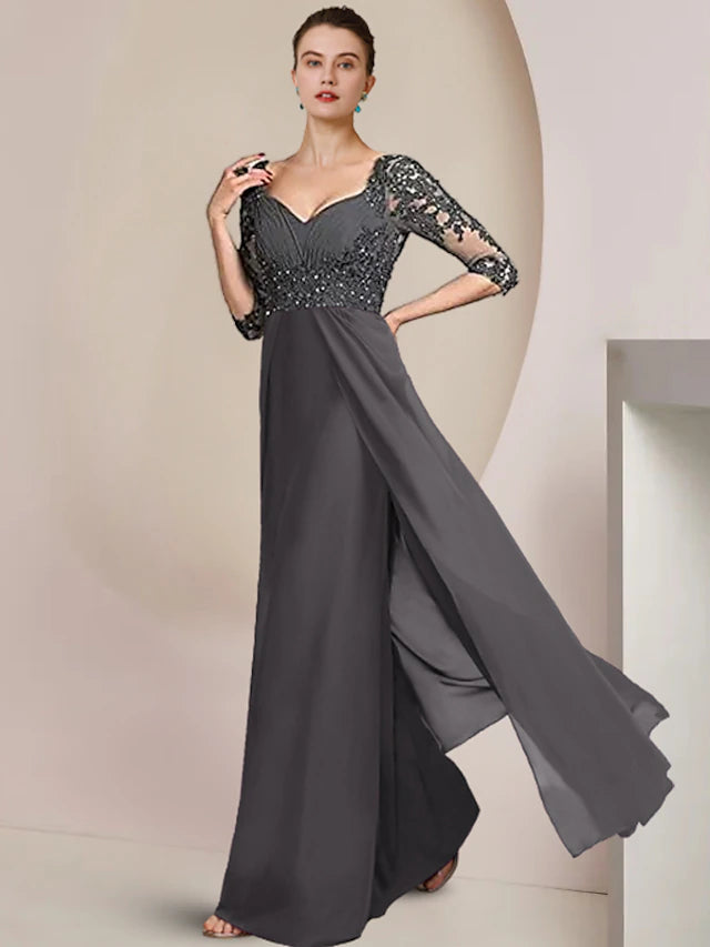 Side view of a floor-length sheath dress, showcasing 3/4 sleeves and ruched chiffon fabric.